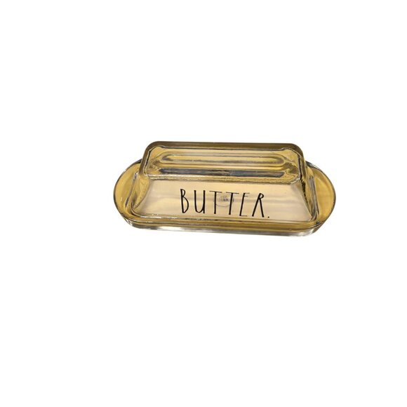 Rae Dunn Clear Glass Covered Butter Dish “BUTTER” Two Piece - Picture 1 of 10